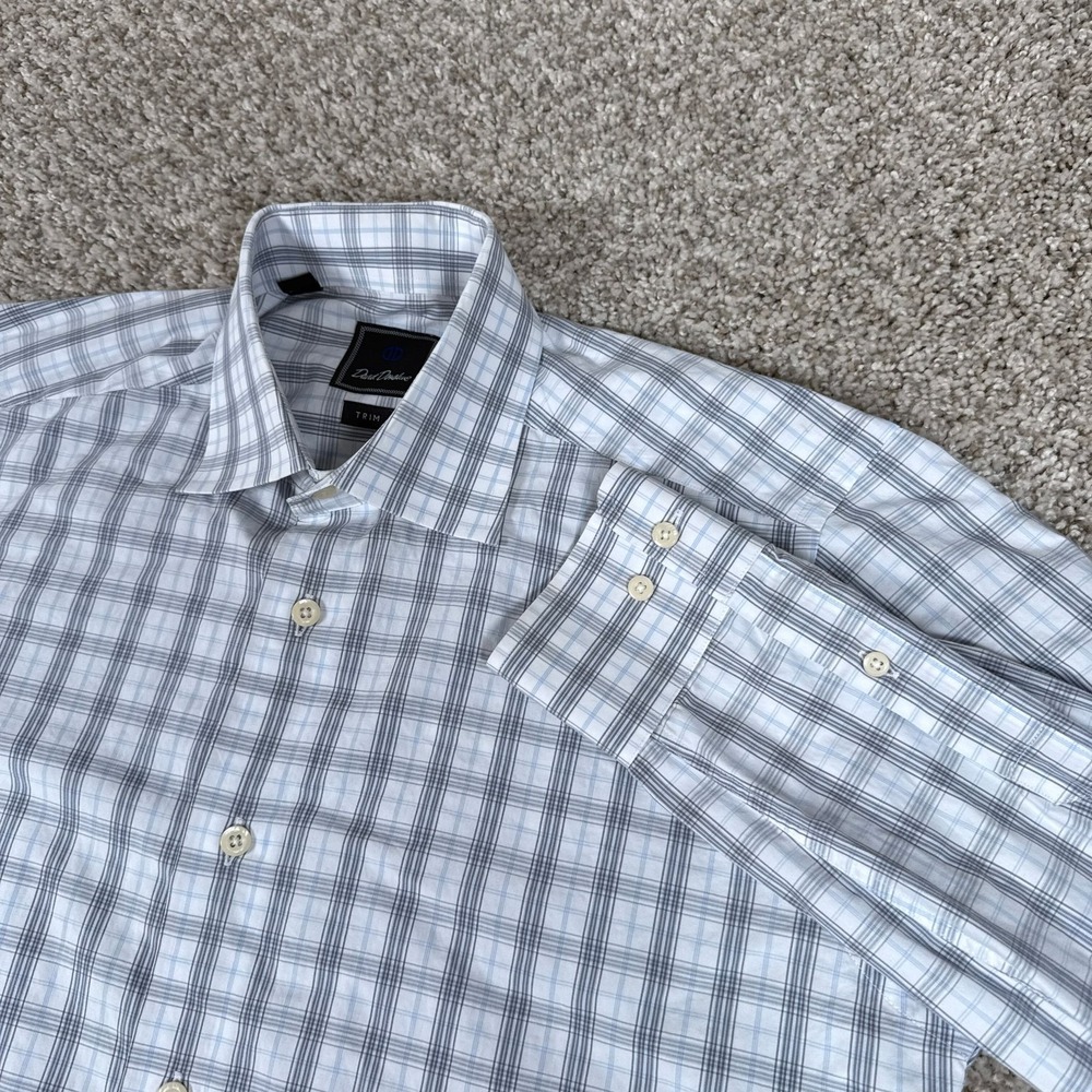 David Donahue Shirt Mens 15.5 34/35 White Blue Gray Plaid Trim Fit Button Dress